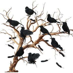 Whaline 9Pcs Halloween Black Feathered Crows Artificial Birds Lifelik Ravens Props Decor with Independent Real Feathers for Halloween Decorations Party Home Indoor Outdoor Decor, 5 Styles