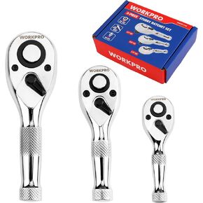 WORKPRO 3-Piece Stubby Ratchet Set, Quick Release Reversible, 1/4", 3/8", 1/2" Drive Mini Ratchet Handle, Small Ratchet Set, Chrome Alloy Made, CR-MO Head, 72-Tooth, Full Polished
