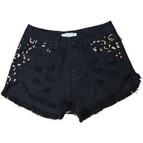 COMLIFE Women's Denim Shorts Worn Irregular Tassels Hem Sexy Studded Mid Waisted Jean Short Pants