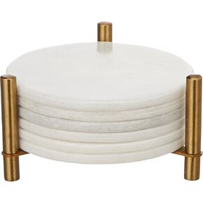 Queenza Marble Coasters for Drinks, Set of 6 Coasters with Holder, Pearl White Marble Coasters 3.5 Inch Wide 5 mm Thick Gold Coasters for Drinks, Both Side Polish for Scratch Free Surface Coaster Set