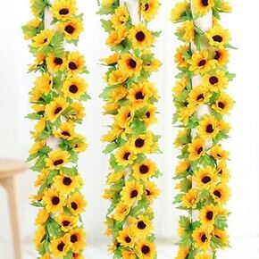 2 Pcs Artificial Sunflower Garland,Sunflower Vine with Leaves,Hanging Garland with Green Leaves,Outdoor False Flower Arch,Arrangement for Wedding Party Anniversary Home Office Table Centerpiece Decor