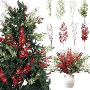 40 Pack Christmas Picks and Sprays for Tree 17.5'' Artificial Glitter Berry Stem Pick with Poinsettia Christmas Tree Filler Ornaments Tree Topper Branch for Xmas DIY Wreath(Red Green)