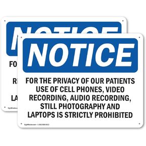 (2 Pack) For The Privacy Of Our Patients Use Of Cell OSHA Notice Sign 10 Inch X 7 Inch Plastic Sign, Weather Resistant, UV Protected for Workplace, Business, and Construction Site, Made in the USA