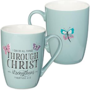 Christian Art Gifts Blue Butterfly Ceramic Coffee Mug – 12 oz. Microwave and Dishwasher-safe Inspirational Scripture Coffee and Tea Mug with Bible Verse: All Things Through Christ – Philippians 4:13