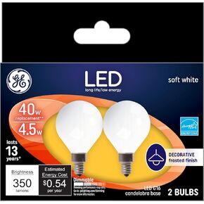 GE LED Light Bulbs, 60 Watt, Soft White, G16 Globe Bulbs, Frosted, Small Base (2 Pack)