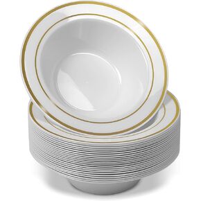 50 Disposable White Gold Trim Plastic Soup Bowls | 14 oz. Premium Heavy Duty Disposable Dinnerware with Real China Design | Safe & Reusable and Great for Parties or Weddings. (50-Pack) Gold