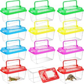 12Pcs Plastic Reptile Terrariums Carrier Cage, Tarantula Enclosure Snake Breeding Box Hatching Container Transparent Fish Tank Turtle Aquarium with Random Color Lid for Shrimp, S(5.9" x 3.5" x 4.3")