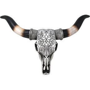 BestGiftEver Tooled Silver Resin Bull Skull Wall Decor with Scrolls Design | Western Rustic Southwestern Home Accent | Faux Cow Skull Wall Art | Unique Animal Head Decor for Living Room or Ranch House 19.25" (L)