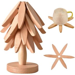 Wooden Trivets for Hot Dishes,Tree Shape Trivet Set,4 Wooden Trivets+1 Stand,Trivets for Hot Dishes,Natural Foldable Kitchen Wooden Trivet,for Hot Dishes、Pot、Bowl、Teapot、Hot Pot Holders(Black Walnut)