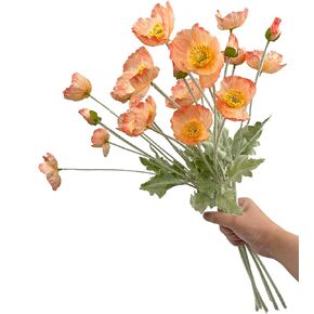 Set of 6 Poppies Flowers Artificial Silk Flowers with Long Stems Faux Wildflowers Bouquet for Vases Oil Pastel Style for Wedding Party Indoor Home Office Decor (Orange)