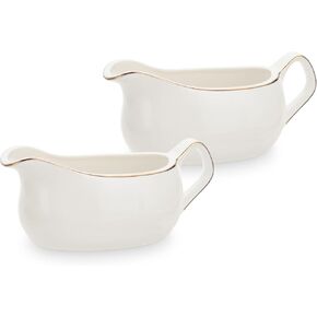 2 Pack 17 Oz White Ceramic Gravy Boat, Porcelain Saucer Pitcher with Gold Rim Decor for Thanksgiving Christmas, Sauce Boat with Big Dripless Lip Spout for Gravy Salad Dressings Creamer Milk