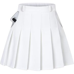 Women's High Waisted Pleated Skater Tennis School A-Line Skirt Uniform Skirts with Lining Shorts White, US L