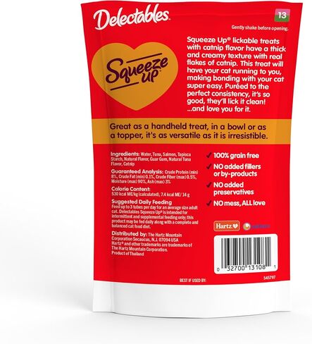 Hartz Delectables Squeeze Up Interactive Lickable Wet Cat Treats for Adult & Senior Cats, Tuna with Catnip, 32 Count in Saudi Arabia
