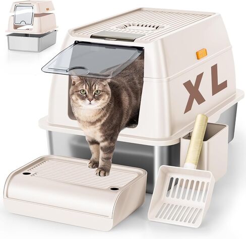 Stainless Steel Cat Litter Box with Lid, XL Extra Large Litter Box for Big Cats, Enclosed Removable Metal Litter Box with High Sided Enclosure & Scoop, Anti-Leakage, Non-Sticky, Easy Cleaning(Grey) in Saudi Arabia