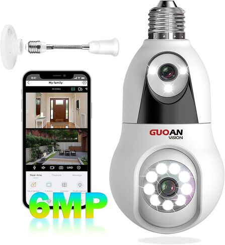 【6MP Dual Lens Linkage】Light Bulb Security Camera, 2.4GHz Light Socket Home Cameras Wireless Indoor, Screw in Bulb Camera with 360°View, Color Night, AI Tracking, Audible Alarm, Alert Push,SD/Cloud in Saudi Arabia