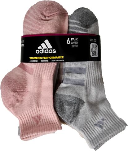 Adidas Women's Performance Cushioned Quarter Socks, Pink and Gray, 5-10 Shoe Size, 6 Pairs in Saudi Arabia