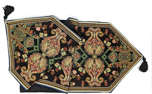 Tache Rococo Elegant Ornate Black Green Paisley Dining Cotton Linen Tapestry Woven Table Runner with Tassels 13x54 in Kuwait