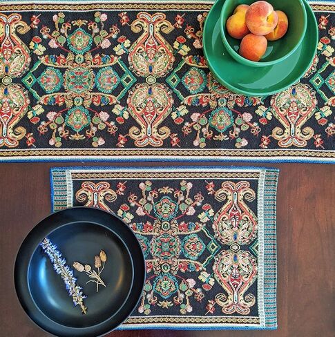 Tache Rococo Elegant Ornate Black Green Paisley Dining Cotton Linen Tapestry Woven Table Runner with Tassels 13x54 in Kuwait