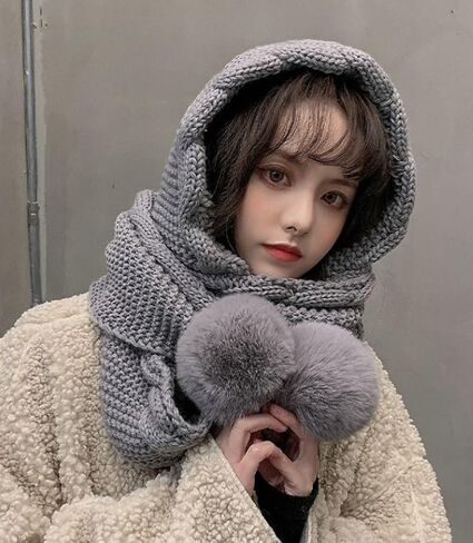 Hood Hat Scarf 2 in 1 Hooded Scarf for Women Winter Warm Beanie Hat with Faux Fur Pom Thickening Knitted Hat Scarf Set in Saudi Arabia