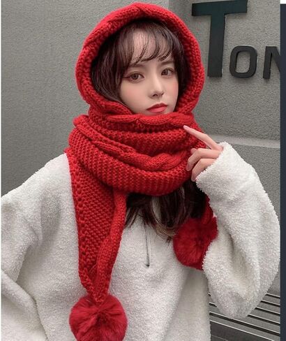 Hood Hat Scarf 2 in 1 Hooded Scarf for Women Winter Warm Beanie Hat with Faux Fur Pom Thickening Knitted Hat Scarf Set in Saudi Arabia
