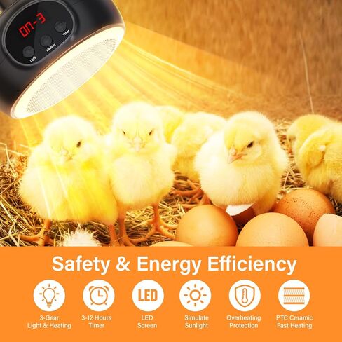 6 Ft Ultra Long Cable Heat Lamp for Chickens with Holder，200W-500W Overheat Protection, E26/E27 Bulb, Reptile Heating Lamp 3-6-12 Hours Timer, Greenhouse Heater for Outdoor Chicken Coop Indoor in Saudi Arabia