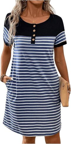 Women's Casual Summer Dresses 2024 Short Sleeve Crewneck Striped Button Front Mini Tshirt Dress with Pockets in Kuwait