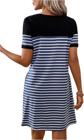 Women's Casual Summer Dresses 2024 Short Sleeve Crewneck Striped Button Front Mini Tshirt Dress with Pockets in Kuwait