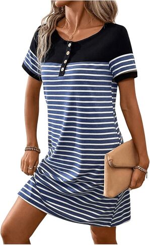 Women's Casual Summer Dresses 2024 Short Sleeve Crewneck Striped Button Front Mini Tshirt Dress with Pockets in Kuwait