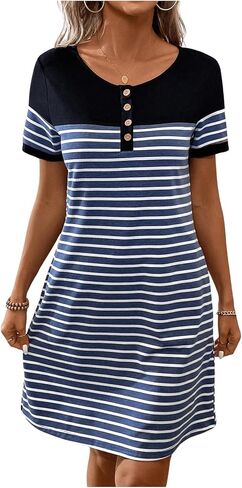 Women's Casual Summer Dresses 2024 Short Sleeve Crewneck Striped Button Front Mini Tshirt Dress with Pockets in Kuwait