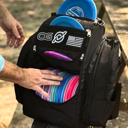 Discology Disc Golf OG V2 Grey & Black Disc Golf Bag | 26+ Disc Capacity | Premium Disc Golf Backpack Bag | Durable Design | 2 Large Side Compartments | Two Patches Included - Flag Patch Not Included in Saudi Arabia