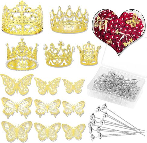 153pcs Flower Bouquet Accessories & Crowns for Flower Bouquets, Including 12 Pcs Cake Mini Crown Topper, 36 Pcs Butterfly Decorations&2 Blessing Card&100 Pcs Flower Pins for Birthday Wedding in Saudi Arabia