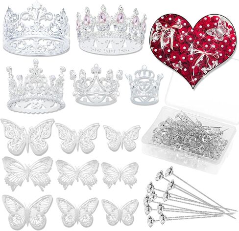 153pcs Flower Bouquet Accessories & Crowns for Flower Bouquets, Including 12 Pcs Cake Mini Crown Topper, 36 Pcs Butterfly Decorations&2 Blessing Card&100 Pcs Flower Pins for Birthday Wedding in Saudi Arabia