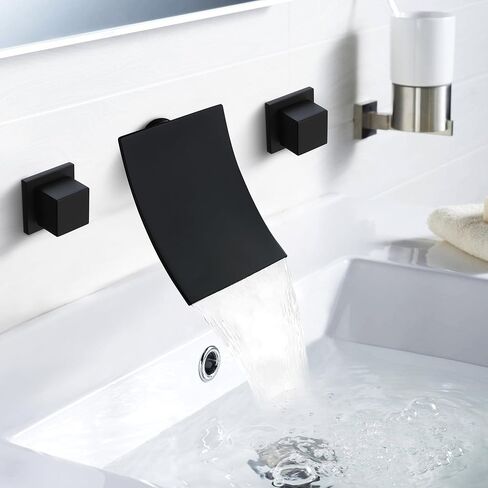 Wall Mount Bathroom Faucet Waterfall Bathroom Sink Faucet with 2 Handles, Widespread 3 Holes Wall Mounted Faucet for Vanity Vessel, Matte Black in Kuwait