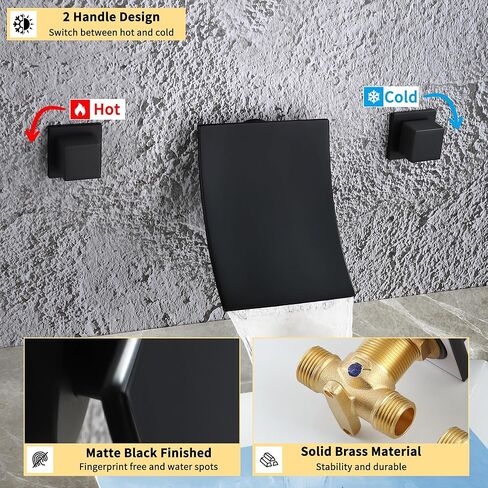 Wall Mount Bathroom Faucet Waterfall Bathroom Sink Faucet with 2 Handles, Widespread 3 Holes Wall Mounted Faucet for Vanity Vessel, Matte Black in Kuwait