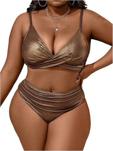 SweatyRocks Women's Plus Size 2 Piece Bikini Set Metallic Spaghetti Strap Ruched Wrap Bathing Suit in Saudi Arabia