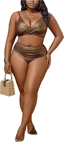 SweatyRocks Women's Plus Size 2 Piece Bikini Set Metallic Spaghetti Strap Ruched Wrap Bathing Suit in Saudi Arabia