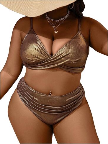 SweatyRocks Women's Plus Size 2 Piece Bikini Set Metallic Spaghetti Strap Ruched Wrap Bathing Suit in Saudi Arabia