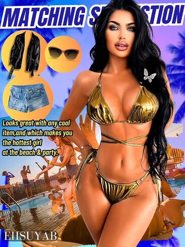 Women Metallic Bikini Set, Tie Halter High Leg, 2Pc Triangle Swimsuit in Saudi Arabia