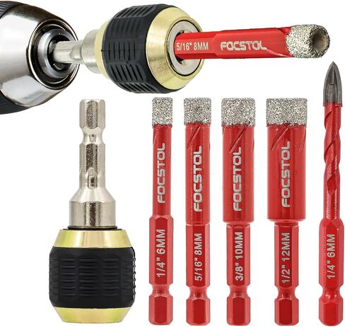 Dry Diamond Drill Bit Set - Diamond Hole Saw Kit and Carbide Drill and Connecting Rod with Quick Change Hex Shank for Ceramic Porcelain Tile Marble Granite 6pcs (6/8/10/12mm+6mm+6.35mm) in Kuwait