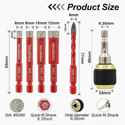 Dry Diamond Drill Bit Set - Diamond Hole Saw Kit and Carbide Drill and Connecting Rod with Quick Change Hex Shank for Ceramic Porcelain Tile Marble Granite 6pcs (6/8/10/12mm+6mm+6.35mm) in Kuwait