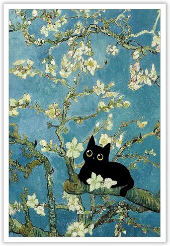 NONPAI Funny Black Cat Canvas Wall Art Almond Blossom Cat Art Posters Vintage Oil Black Cat Prints Painting Preppy Aesthetic Wall Art Decor For Living Room Bedroom Apartment 12x16in Unframed in Saudi Arabia