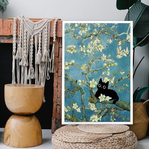 NONPAI Funny Black Cat Canvas Wall Art Almond Blossom Cat Art Posters Vintage Oil Black Cat Prints Painting Preppy Aesthetic Wall Art Decor For Living Room Bedroom Apartment 12x16in Unframed in Saudi Arabia