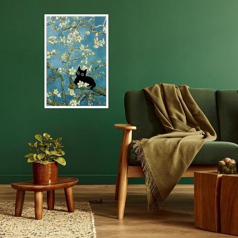 NONPAI Funny Black Cat Canvas Wall Art Almond Blossom Cat Art Posters Vintage Oil Black Cat Prints Painting Preppy Aesthetic Wall Art Decor For Living Room Bedroom Apartment 12x16in Unframed in Saudi Arabia