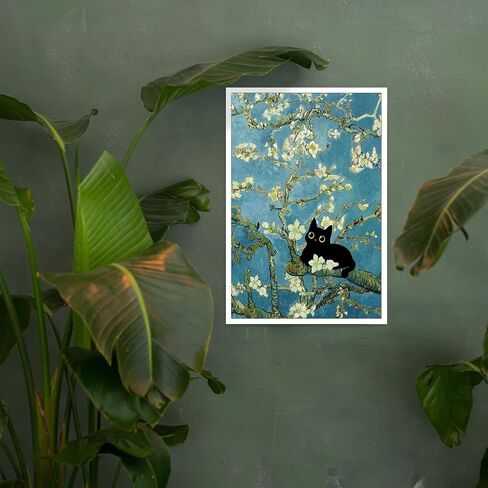 NONPAI Funny Black Cat Canvas Wall Art Almond Blossom Cat Art Posters Vintage Oil Black Cat Prints Painting Preppy Aesthetic Wall Art Decor For Living Room Bedroom Apartment 12x16in Unframed in Saudi Arabia