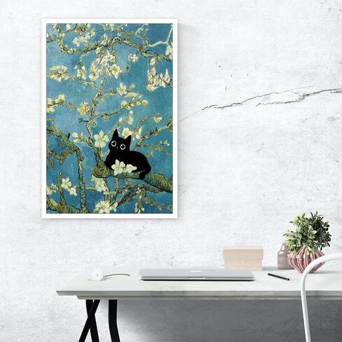 NONPAI Funny Black Cat Canvas Wall Art Almond Blossom Cat Art Posters Vintage Oil Black Cat Prints Painting Preppy Aesthetic Wall Art Decor For Living Room Bedroom Apartment 12x16in Unframed in Saudi Arabia