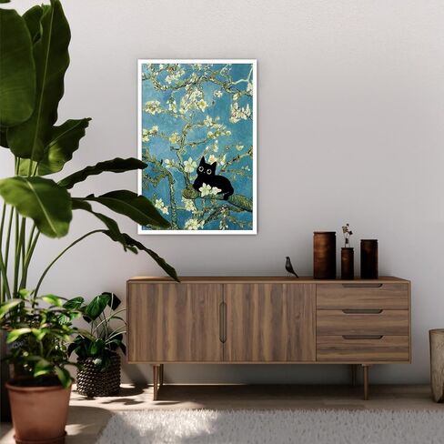 NONPAI Funny Black Cat Canvas Wall Art Almond Blossom Cat Art Posters Vintage Oil Black Cat Prints Painting Preppy Aesthetic Wall Art Decor For Living Room Bedroom Apartment 12x16in Unframed in Saudi Arabia
