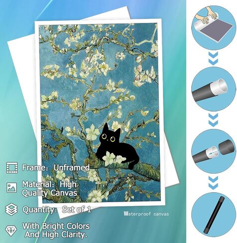 NONPAI Funny Black Cat Canvas Wall Art Almond Blossom Cat Art Posters Vintage Oil Black Cat Prints Painting Preppy Aesthetic Wall Art Decor For Living Room Bedroom Apartment 12x16in Unframed in Saudi Arabia