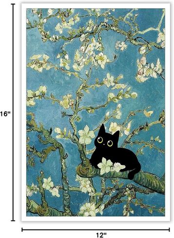 NONPAI Funny Black Cat Canvas Wall Art Almond Blossom Cat Art Posters Vintage Oil Black Cat Prints Painting Preppy Aesthetic Wall Art Decor For Living Room Bedroom Apartment 12x16in Unframed in Saudi Arabia