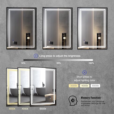 SaniteModar Black LED Bathroom Mirror 36 x 28 inch, Black Framed Lighted Vanity Mirror for Wall, Anti-Fog, Dimmable 3 Color Lighted Bathroom Mirror, Wall Mounted Makeup Mirror with Touch in Saudi Arabia