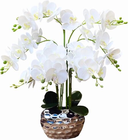 Orchid Artificial Flowers for Home Decor, Faux Orchids with Silver Vase Phalaenopsis Fake Flowers Real Touch Flowers Plants White Orquideas Arrangements in Pot Table Centerpiece Decoration in Saudi Arabia